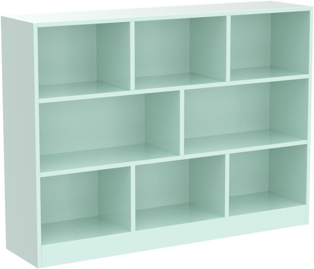 IOTXY Open Shelf Low Bookcase - Wooden 3-Tier Floor Standing Display Cabinet Organizer with Base, 8 Cubes Short Horizontal Bookshelf in Tiffany-Green