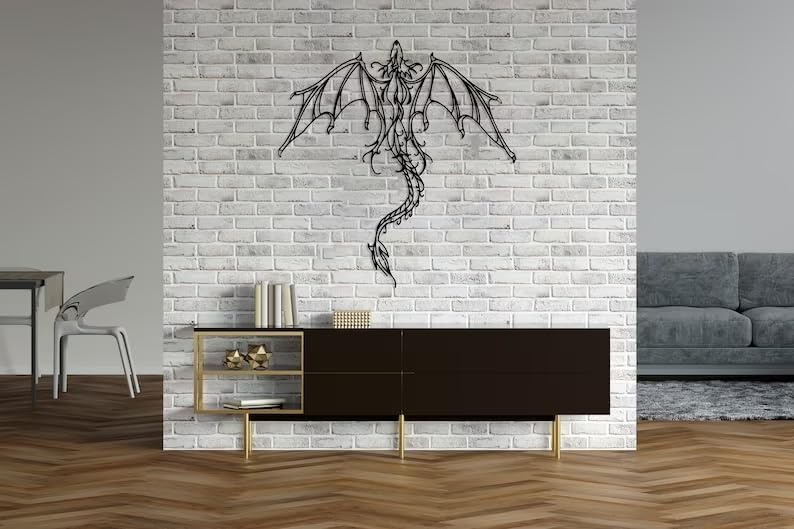Dragon Metal Wall Art | Legendary Fantastic Dragon Wall Decor | Mythologic Wall Hanging | Man Cave Decorative | Mythic Wyvern Sculpture for Living Room Bedroom Game Room (Black - 29.1'' x 27.9'' / 74