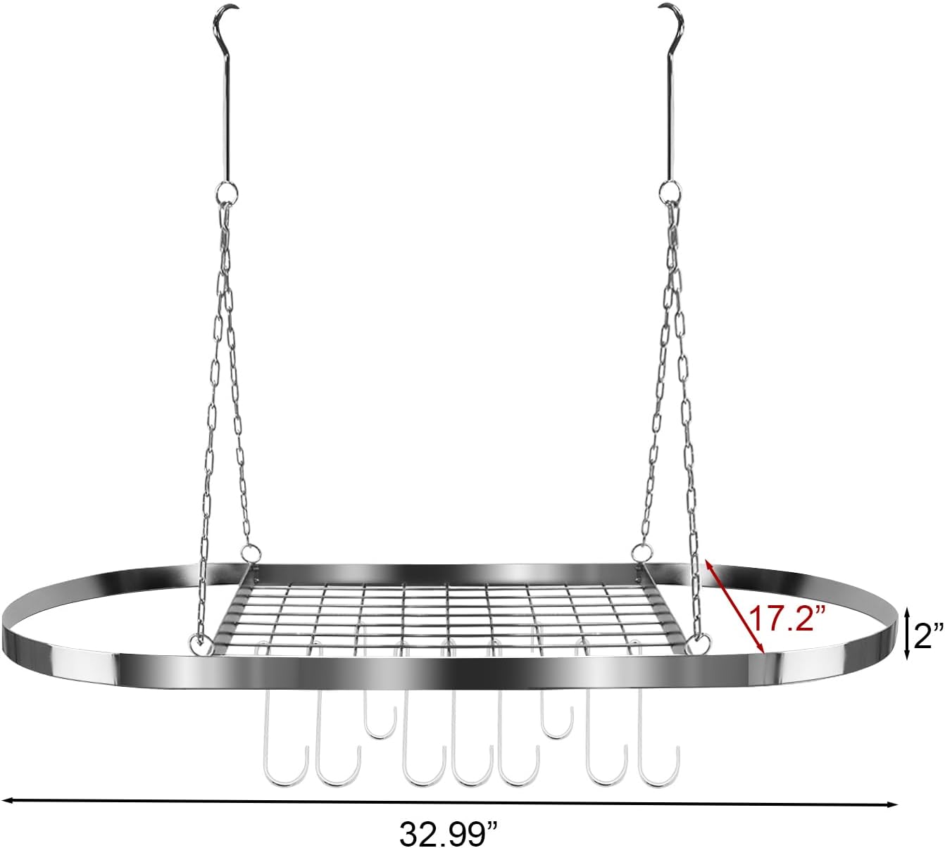 Sorbus® Pot and Pan Rack for Ceiling with Hooks — Decorative Oval Mounted Storage Rack — Multi-Purpose Organizer for Home, Restaurant, Kitchen Cookware, Utensils, Books, Household (Hanging Chrome)