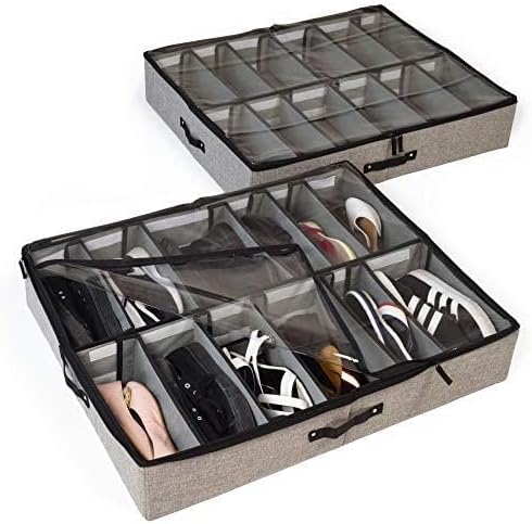 storageLAB Slim Under Bed Storage Containers, Closet Organizers with Sturdy Handles for Clothes, Comforters, and Accessories, Use Under or at the End of the Bed - 2 Pack, Adjustable Dividers, Grey