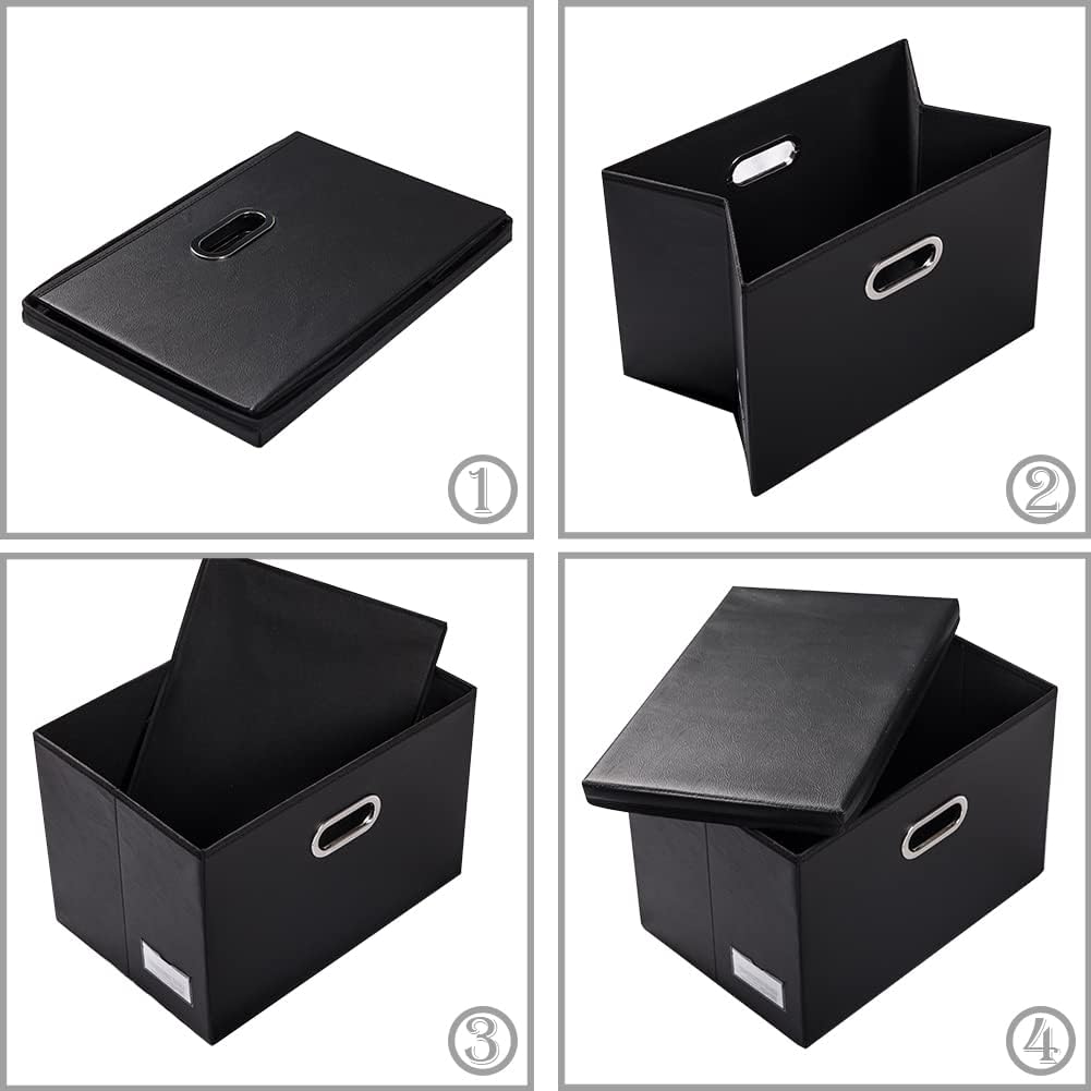 PRANDOM Extra Stackable Storage Bins with Lids [3-Pack] Leather Fabric Foldable Storage Boxes Organizer Containers Baskets Cube with Cover for Bedroom Closet Office Nursery Black (22.8x15.7x13.8)