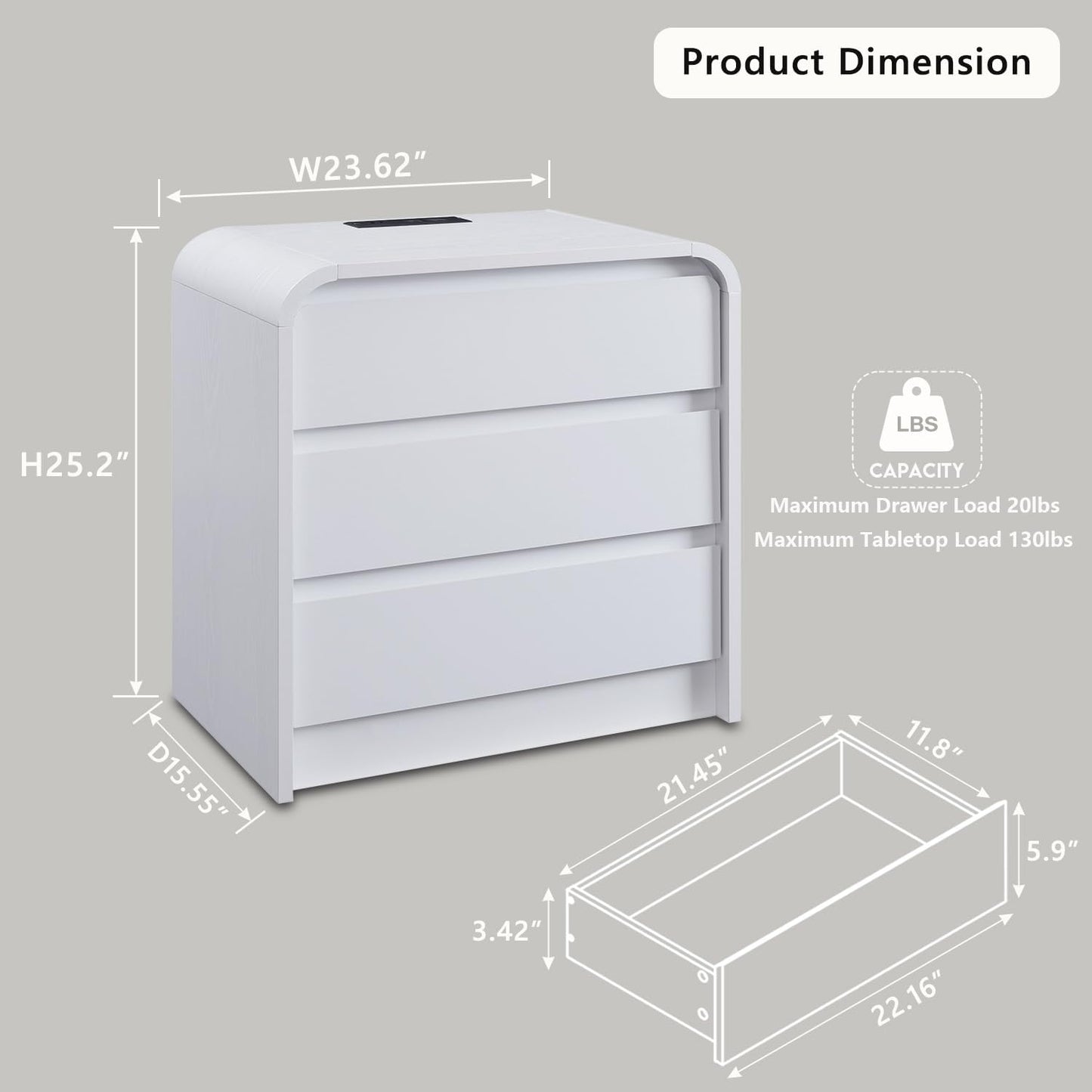 25" Tall Modern Nightstand Set of 2, 23.6" Wide Wood Bedside Table with Charging Station, 3 Storage Drawers Side Table w/Curved Profile Design, End Table for Bedroom, White