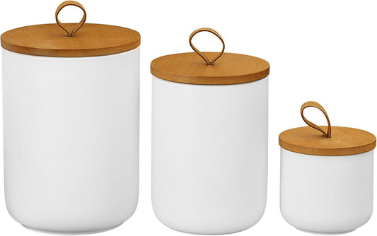 Ceramic Storage Jars, Modern Elegant Polished Airtight Gorgeous Storage Canisters with Wooden Lid Small Food Stroage Jar for Kitchen Spice Tea Vanilla Sugar Coffee Beans (3Pcs Suit White)