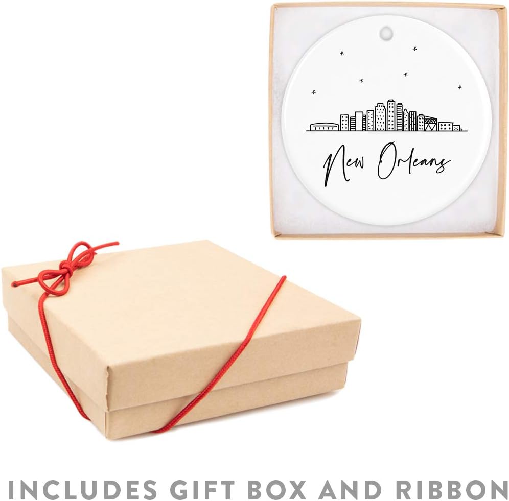 Andaz Press Round Ceramic Porcelain Christmas Tree Ornament Keepsake Gift, New Orleans, Black and White Stars City Skyline Graphic, 1-Pack, Birthday Ideas Family Coworker Him Her, Includes Gift Box