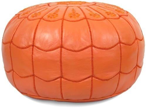 Stuffed Arch Design Moroccan Leather Pouf Ottoman, Handmade, Pre-Filled, 100% Genuine Leather, 14” Height x 22” Diameter – Boho Chic Footstool & Living Room Décor (Orange)