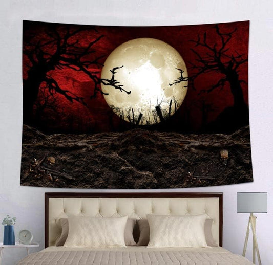 SHRAPHY 60x40 Inches Full Moon Tapestry Moon Horror Cemetery Scarlet Sky Tapestry Event Bedroom Home Decor GTLSUH1205