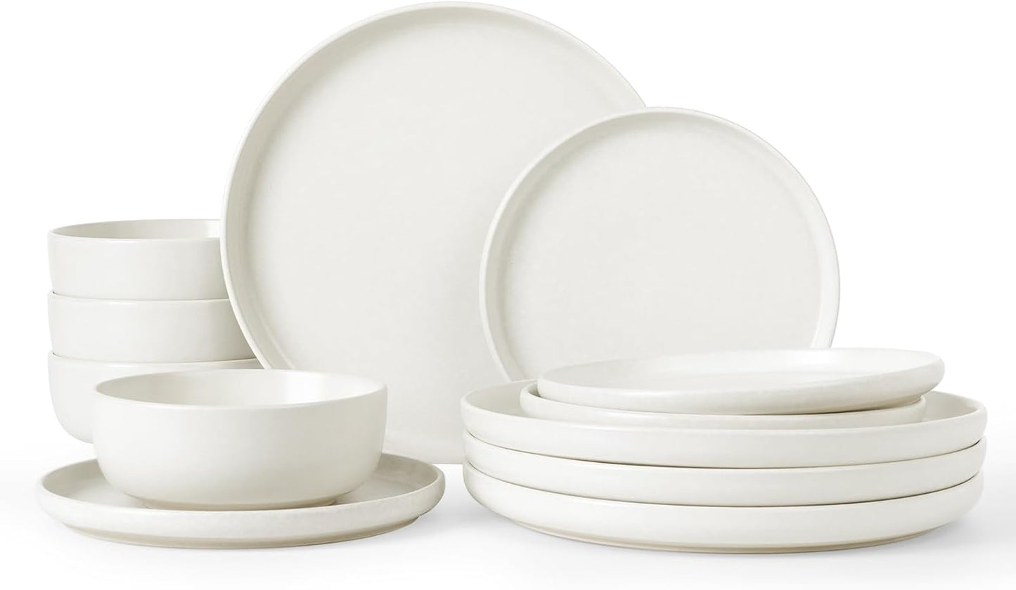 Famiware Milkyway Plates and Bowls Sets, 12 Pieces Dinnerware Sets, Reactive Glaze Dish Set, Stoneware Dishes Set for 4, Matte White