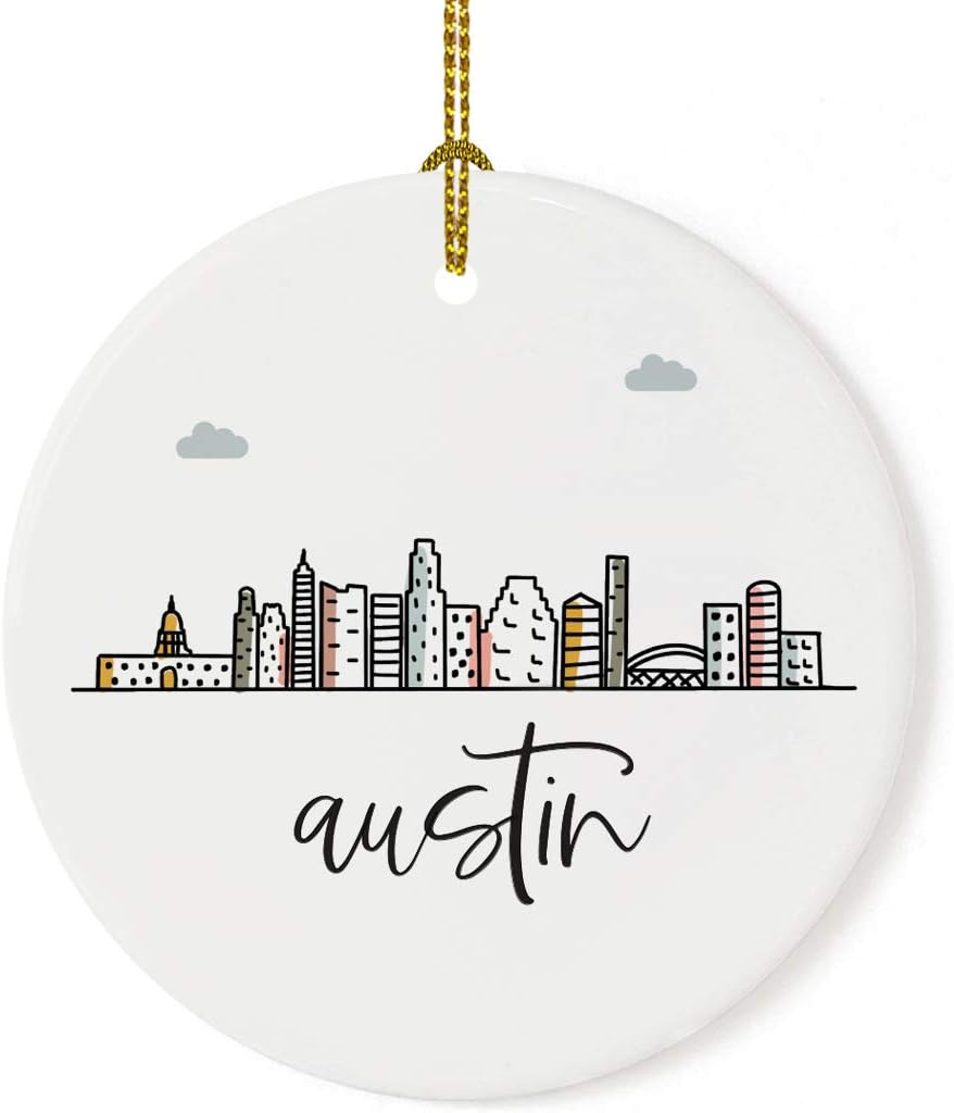 Andaz Press Round Ceramic Porcelain Christmas Tree Ornament Keepsake, Austin Colorful City Skyline Graphic, 1-Pack, Birthday Gift Ideas Family Coworker Him Her, Includes Gift Box