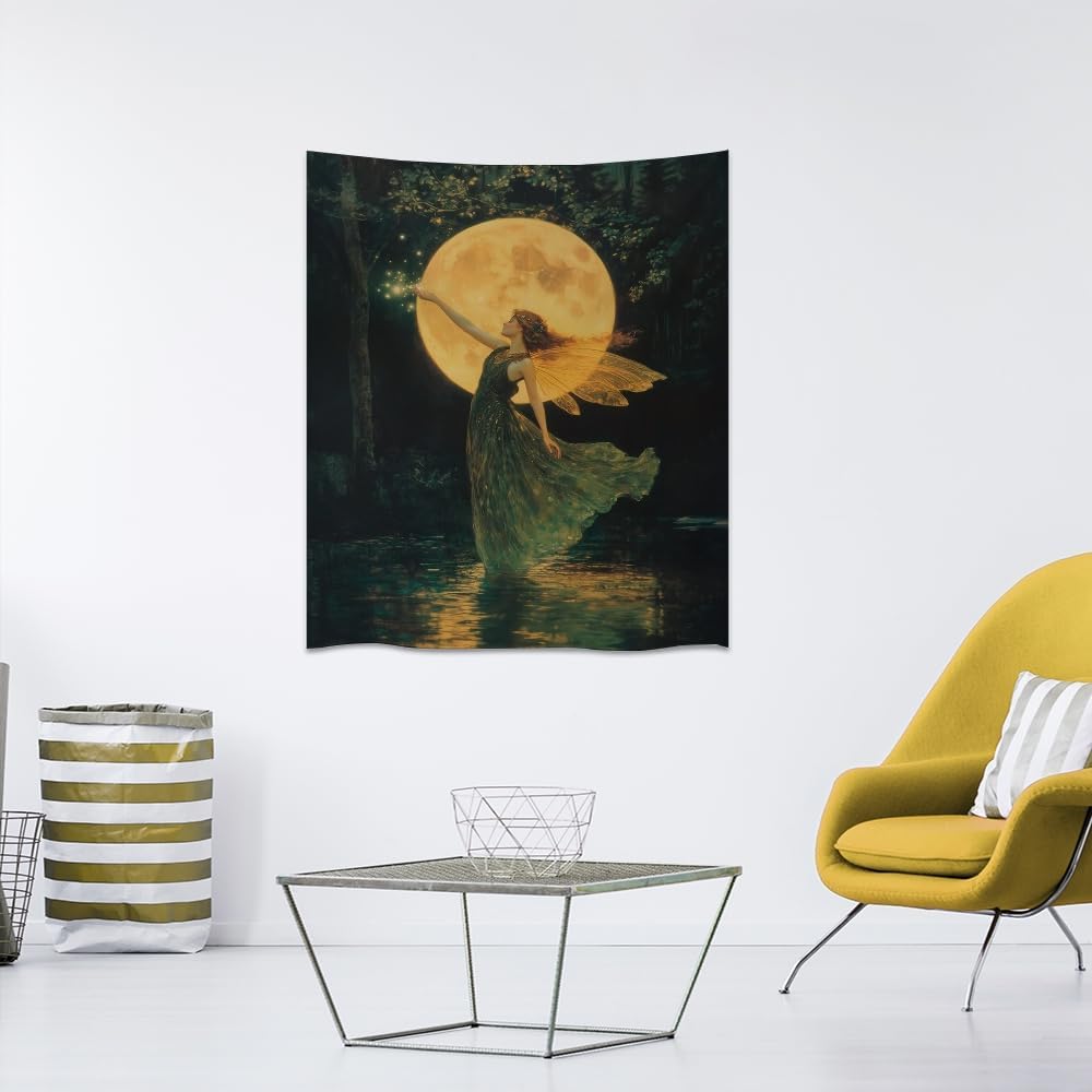 Whimsical Fairy Tapestry Fantasy Moonlight Fae Goddess Print Moody Gothic Aesthetic Wall Hanging Magical Forest Pictures Dark Cottage Witchy Tapestries for Girls Room Bedroom 50x60inch