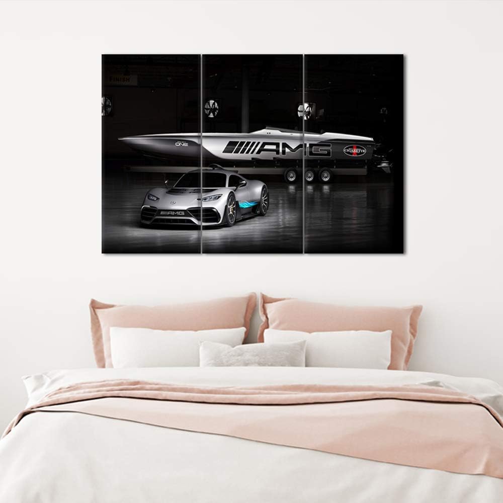 TUMOVO 3 Pieces Black and White Sport Car Canvas Giclee Print Painting Picture Wall Art Home Decor Gifts for Boy Room Ready to Hang - 12 x 24 inch x 3 Panels