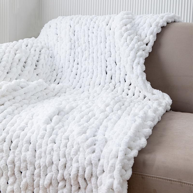 Chunky Knit Blanket Throw 40"*60", Hand Knitted Warm Chenille Throw Blanket, Home Decor Soft Thick Yarn Cable Knit Blanket, Soft Breathable Fleece Banket Christmas for Couch Bed Sofa Best Gift (White)