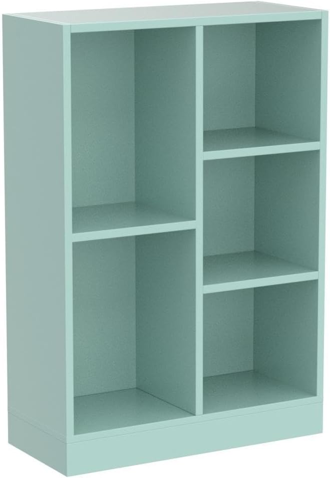 IOTXY Open Shelf Low Bookcase - Wooden 3-Tier Floor Standing Display Cabinet Organizer with Base, 5 Cubes Short Horizontal Bookshelf in Tiffany-Green