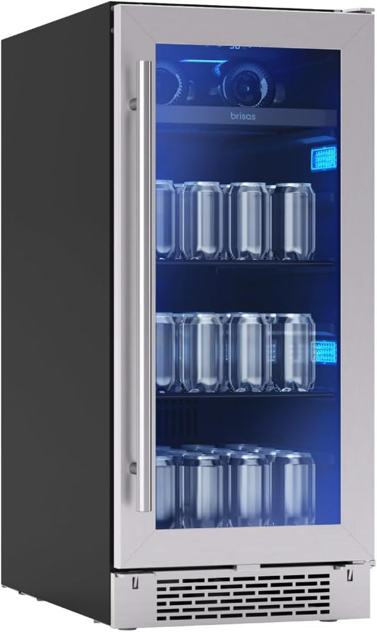 Zephyr Brisas 15 Inch Slim Beverage Fridge Single Zone Under Counter - Narrow Mini Wine & Drink Cooler Small Cabinet Wine Refrigerator Home Bar Freestanding with Glass Door - 4 Bottles, 64 Cans