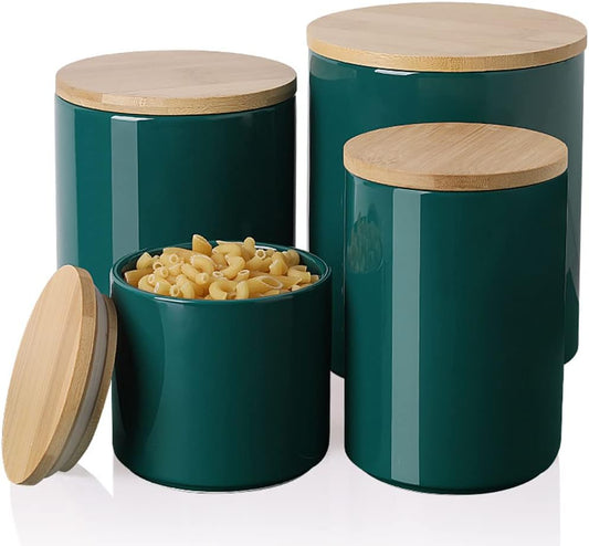 Sweejar Ceramic Kitchen Canister Sets, Porcelain Container for Countertop, Heavy Food Storage Jars with Airthight Seal Bamboo Lid, Servering for Sugar, Coffee Beans, Tea Leaves, Pack of 4（Jade）