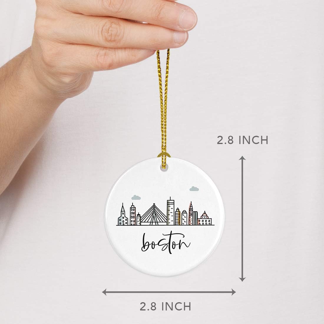 Andaz Round Ceramic Porcelain Christmas Tree Ornament Keepsake Gift, Colorful Boston City Skyline, 1-Pack, Birthday & Ideas for Family & Coworkers, Includes Box