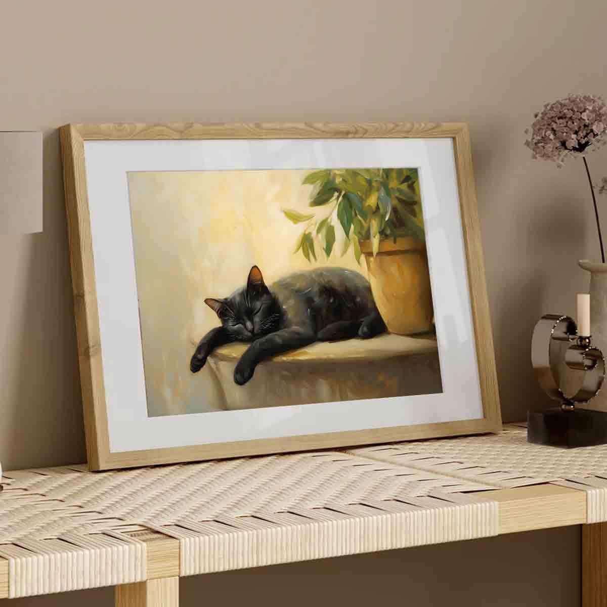 Black Cat Poster Lovely Cat Sleeping Picture Retro Plant Wall Art Still Life Painting Vintage Vase Canvas Animal Artwork Plant Living Room Decor 16x24inch No Frame