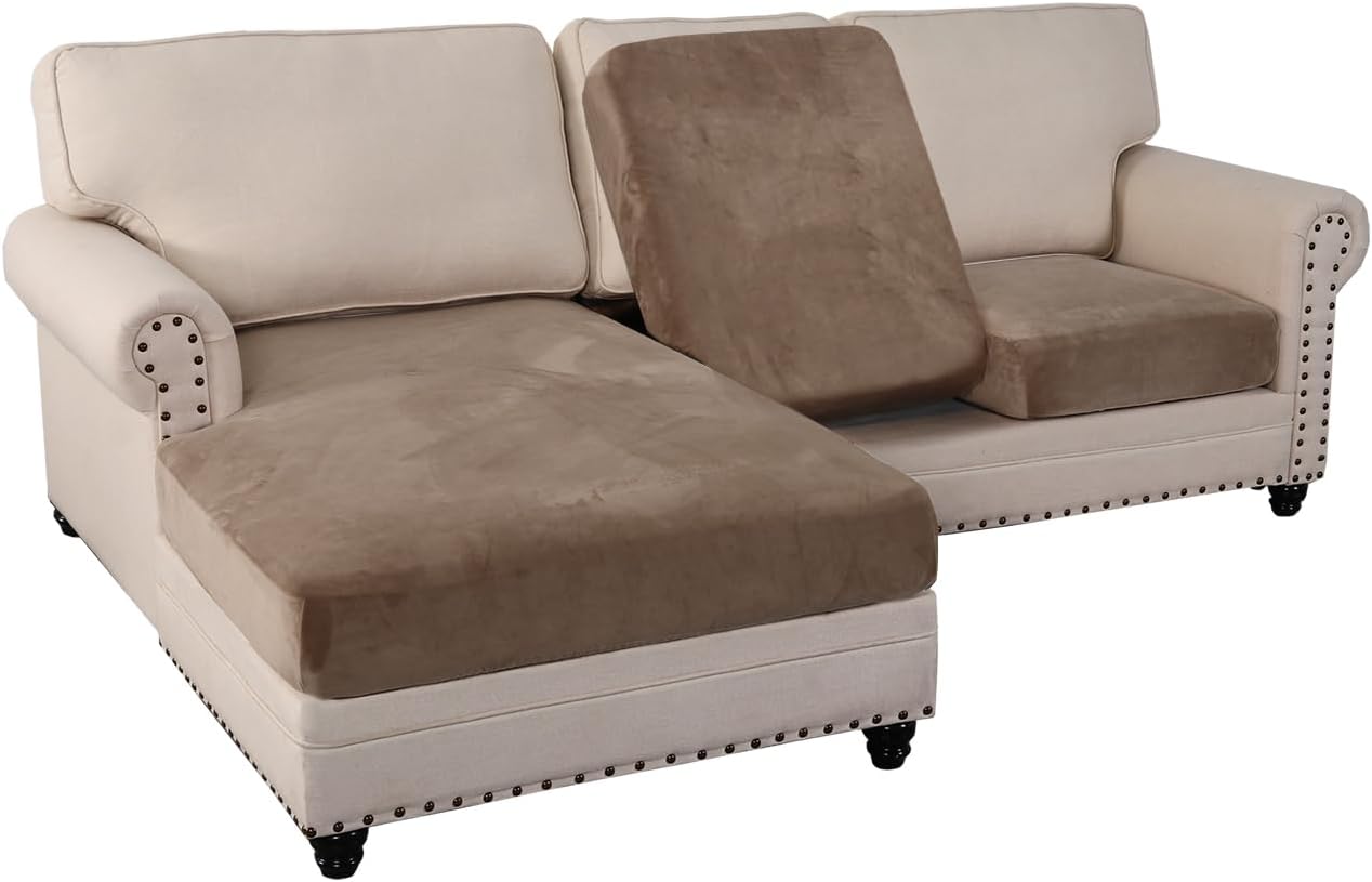 PrinceDeco Sectional Couch Covers 3 Pieces Velvet Sofa Covers L Shape Soft Couch Covers for Sectional Sofa Corner Sofa Cover Couch Cover for Dogs Washable (2 Seater + 1 Chaise,Taupe)