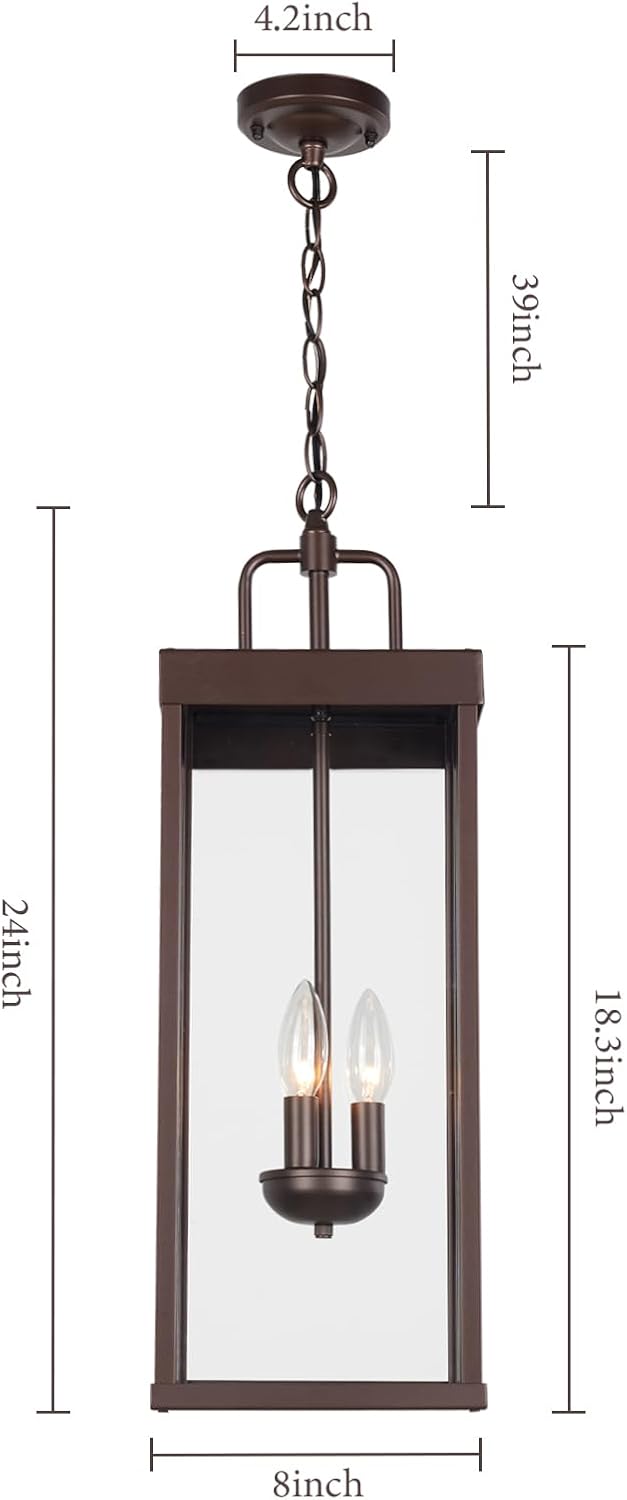 Large Outdoor Pendant Lantern Light Fixture for Front Porch, 24 Inch 3-Light Bronze Exterior Hanging Chandelier with Clear Glass, Outdoor Indoor Pendant Lamp for Patio, Gazebo, RZ008L-H ORB