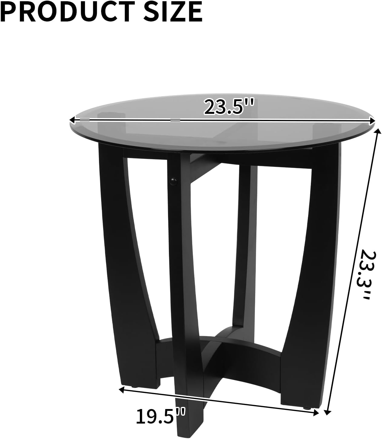 Glass End Table, 23.5" Round Side Tables with Black Tempered Glass Top Cross and Solid Wood Base Small Night Stand for Living Room Office Apartment Black