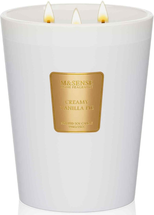 M&SENSE Extra Large Candle Creamy Vanilla Scented, 3-Wick 35oz 150H Long Lasting, Natural Soy Wax Aromatherapy Candle for Stress Relief, Home Fragrance Housewarming Gifts Candle for Home Decor