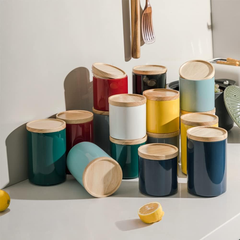 Sweejar Kitchen Canisters Ceramic Food Storage Jar, Stackable Containers with Airtight Seal Wooden Lid for Serving Ground Coffee, Tea, Sugar, Salt and More - 28 Fl Oz (Dark Turquoise)