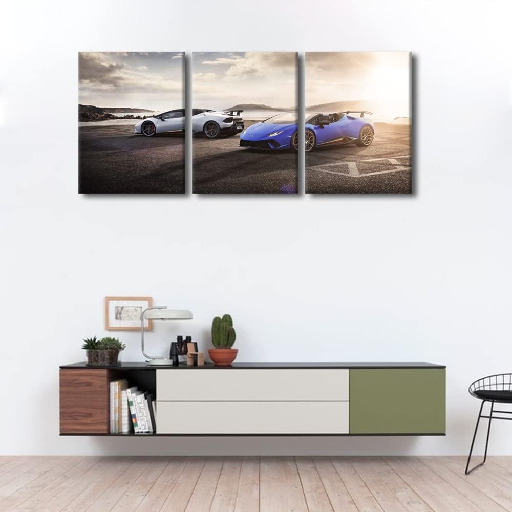 Super Car at Sunset Wall Art for Bedroom Sports Car Canvas Art Wall Decor White and Blue Cars Modern Wall Art Pictures for Living Room Hypercar Artwork Paintings Giclee Framed Ready to Hang 36"Wx16"H