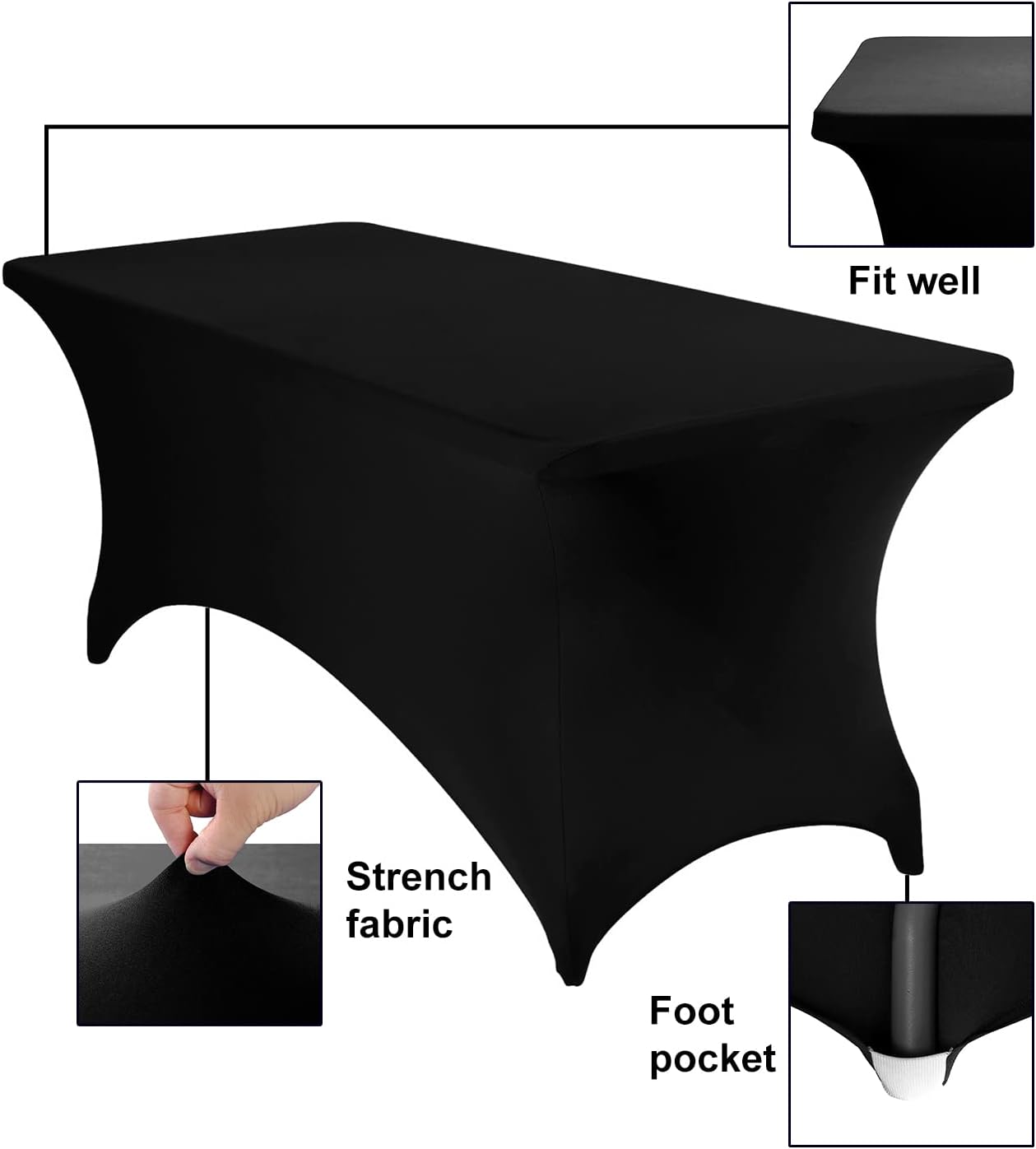 4-Pack Rectangular Spandex Waterproof Tablecloth, 6FT, Black - Stretchable, Stain Resistant, All-Season, Durable, Party, Wedding, Banquet, Events, Table Cover