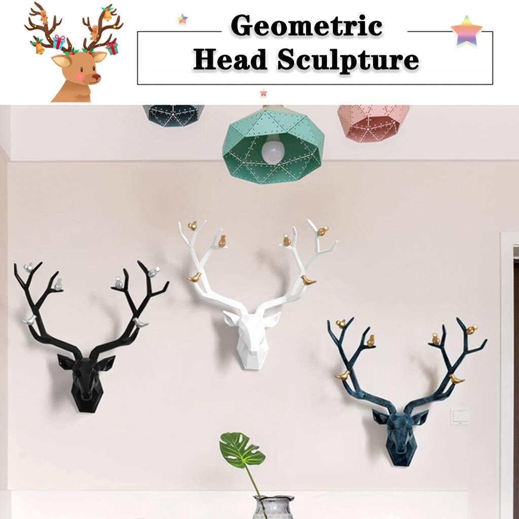 Deer Head Wall Decor Geometric Rustic Wall Mounted Deer Head, Faux Taxidermy Animal Head Wall Art Pendant, Handmade Resin Head Sculptures for Porch, Detachable Antlers, 6 Styles(Black,20.1x20.4IN)