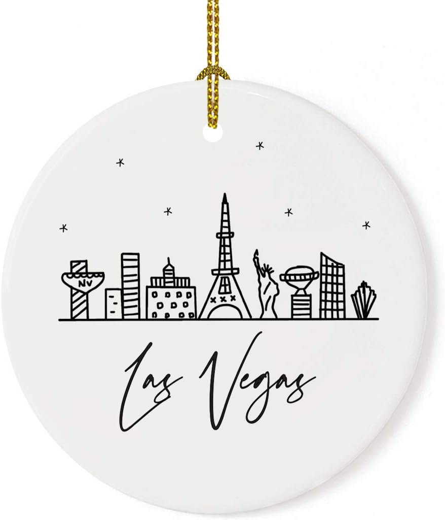 Andaz Press Round Ceramic Porcelain Christmas Tree Ornament Keepsake, Las Vegas Black and White Stars City Skyline Graphic, 1-Pack, Birthday Gift Idea for Family, Coworker, Him, Her, Includes Gift Box