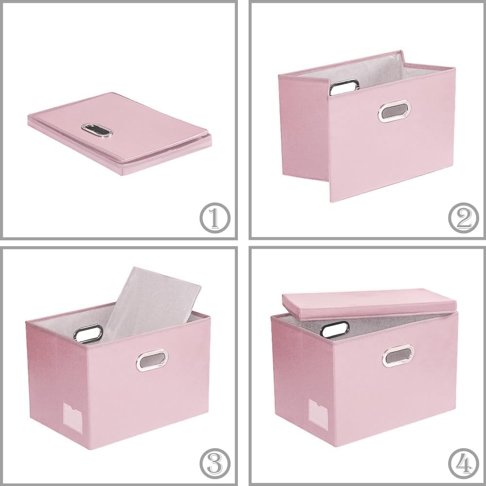 PRANDOM Foldable Storage Bins with Lids [5-Pack] Leather Fabric Collapsible Storage Boxes Organizer Containers Baskets Cube with Cover for Bedroom Closet Office Nursery Pink (14.9x10.8x10)