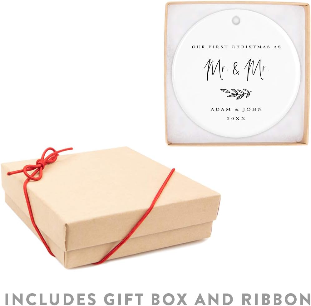 Andaz Press Personalized Gay Couple Wedding Round Ceramic Porcelain Tree Ornament Engagement Keepsake Gift, Our First Christmas As Mr. & Mr, 2024, Antique Handdrawn, 1-Pack Gay Christmas Ornaments