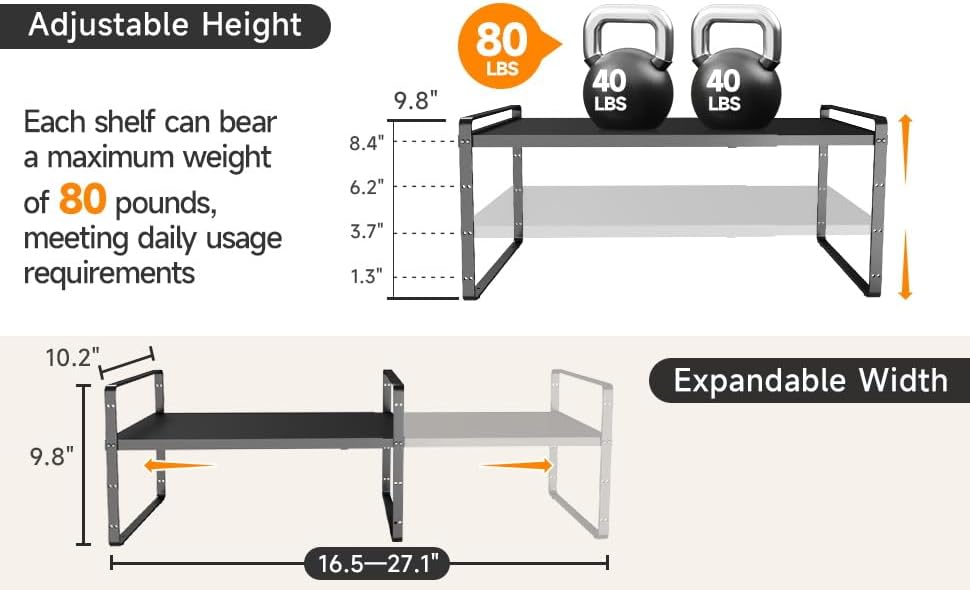 16.5~27.1" Expandable Shelf Organizer, 1Pack 8.1" Wide Stackable Cabinet Shelf Organizers, Black Metal Sturdy Kitchen Counter Storage for Countertop, Adjustable Height Spice Rack
