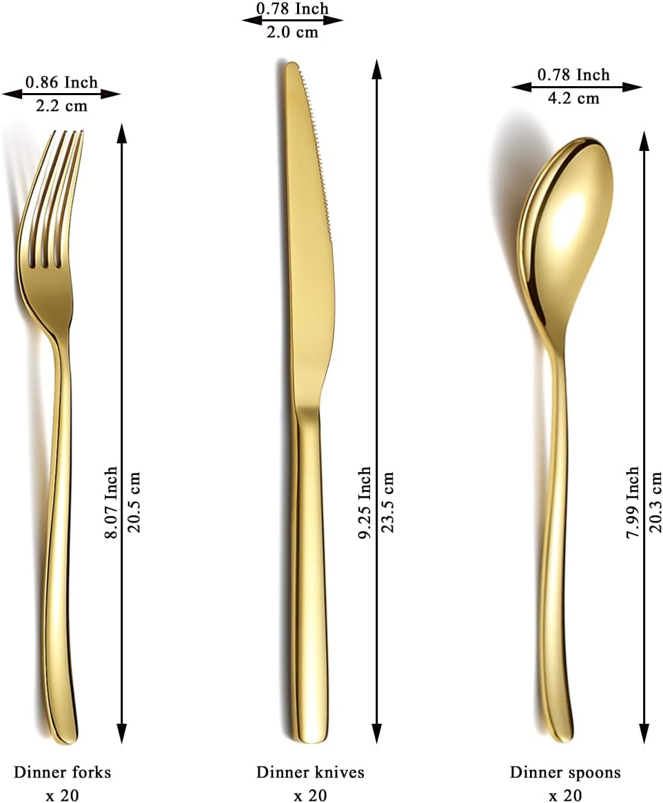 Berglander Gold Wedding Silverware Set 60pcs Service for 20, Titanium Plating Stainless Steel Flatware Set, Gold Spoons Forks Knives Set for Home, Wedding, Restaurant, Dishwasher Safe