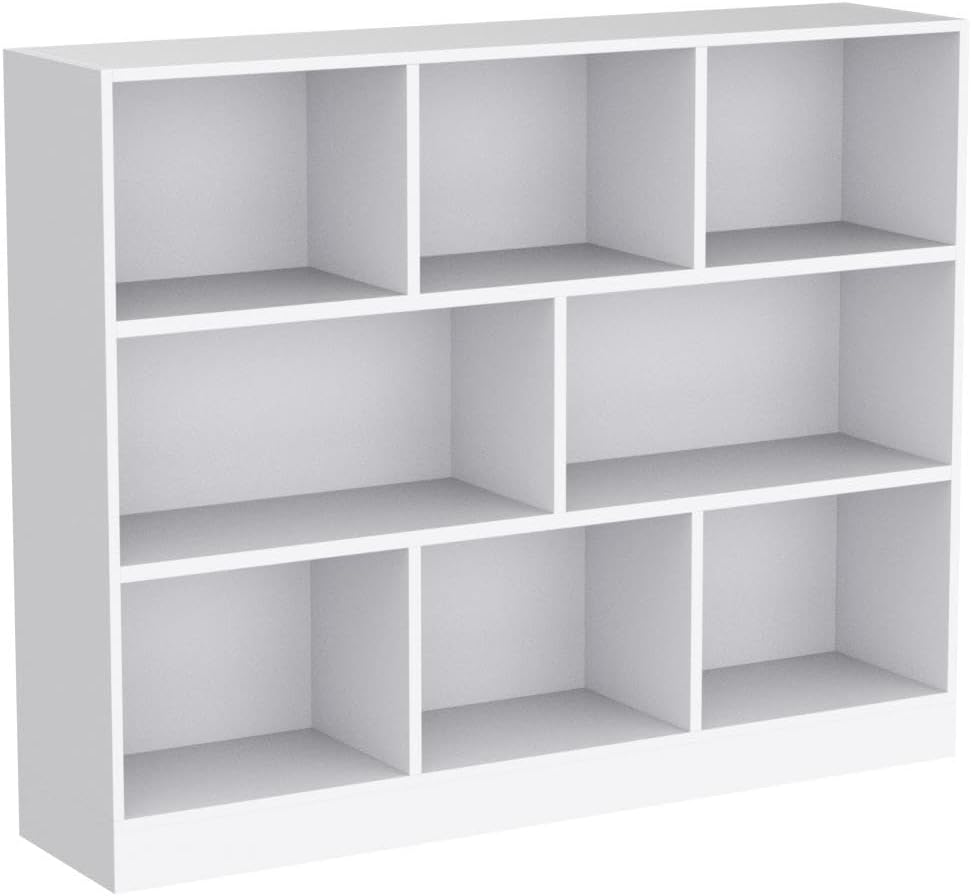 IOTXY Open Shelf Low Bookcase - Wooden 3-Tier Floor Standing Display Cabinet Organizer with Base, 8 Cubes Short Horizontal Bookshelf in Warm White