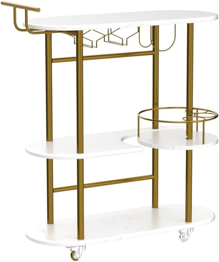 Gold Bar Carts with 4-Tier Storage Shelves, Mobile Bar Serving Cart with Wine Rack and Glass Holder, for The Home, Kitchen, Living Room, Dining Room