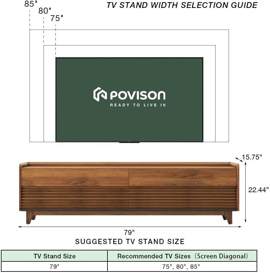 POVISON Fully-Assembled Mid Century Modern TV Stand with Legs, Wood Media Console with Adjustable LED Light, Entertainment Center with Storage for Living Room