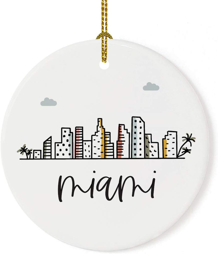 Andaz Press Round Ceramic Porcelain Christmas Tree Keepsake Gift, Colorful City Skyline Miami Ornament, 1-Pack, Birthday Ideas Family Coworker, Includes Box