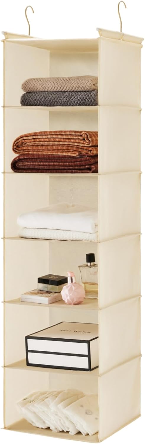 MAX Houser 6 Tier Shelf Hanging Closet Organizer, Cloth Hanging Shelf with 2 Sturdy Hooks for Storage, Foldable (Beige)