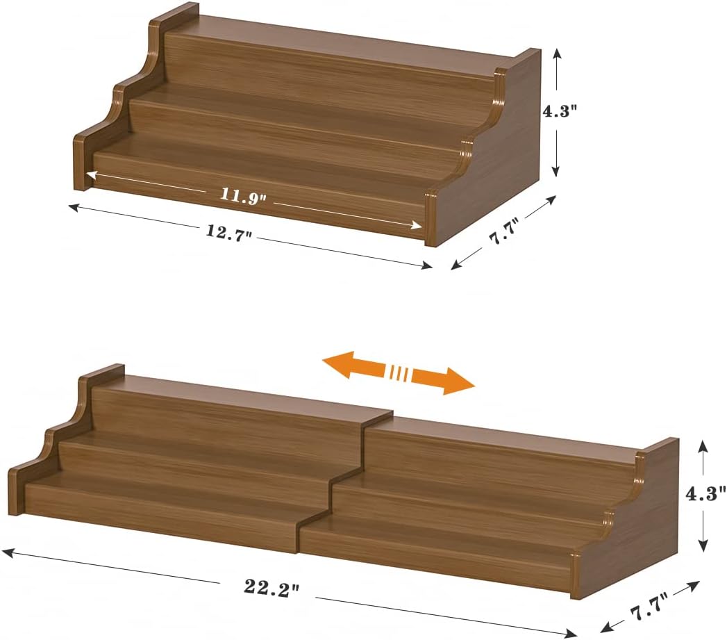 Bamboo Spice Rack Cabinet Organizer - 3 Tier Wooden Expandable Walnut Display Shelf