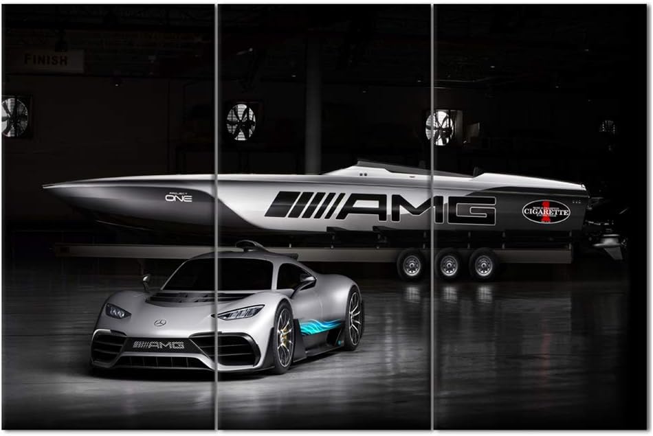 TUMOVO 3 Pieces Car Pictures Wall Art Framed Sports Car in Cool Gray Style Poster Canvas Print Vintage Western Decor for Home Office Living Room Man Bedroom - 40 x 20inch x 3 Panels