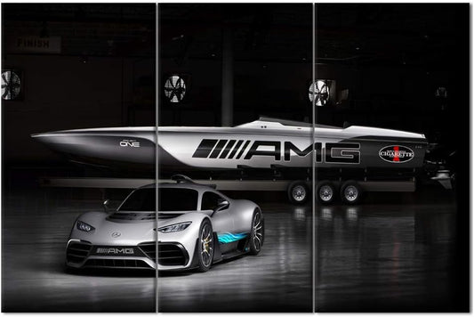 TUMOVO Sports Car Canvas Wall Art 3D Model Design On Black Background Picture Painting for Home Decoration Stretched Canvas and Ready to Hang - 28 x 14inch x 3 Panels