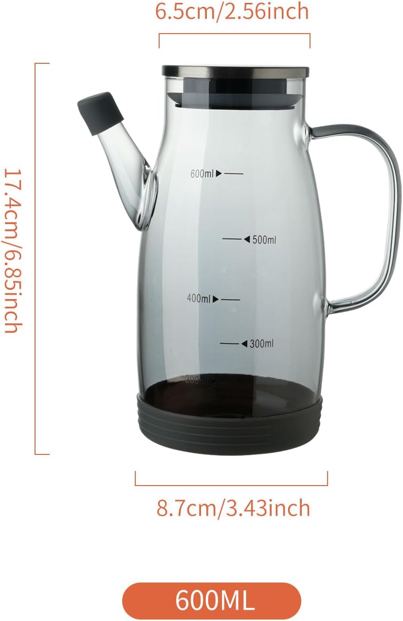 Large Glass Oil Dispenser Bottle for Kitchen Cooking Recipiente Para Aceite De Cocina Olive Oil Vinegar Dispenser Cruet Stainless Steel Lid No Drip Liquid Container (Grey, 20oz / 600ml)