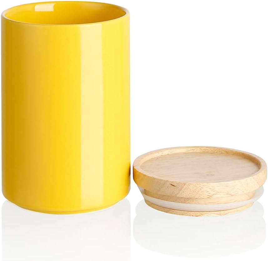 Sweejar Kitchen Canisters Ceramic Food Storage Jar, Stackable Containers with Airtight Seal Wooden Lid for Serving Ground Coffee, Tea, Sugar, Salt and More - 28 Fl Oz (Yellow)