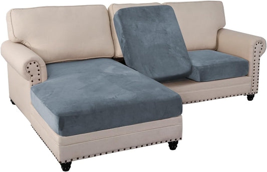 PrinceDeco Sectional Couch Covers 3 Pieces Velvet Sofa Covers L Shape Soft Couch Covers for Sectional Sofa Corner Sofa Cover Couch Cover for Dogs Washable (2 Seater + 1 Chaise,Stone Blue)