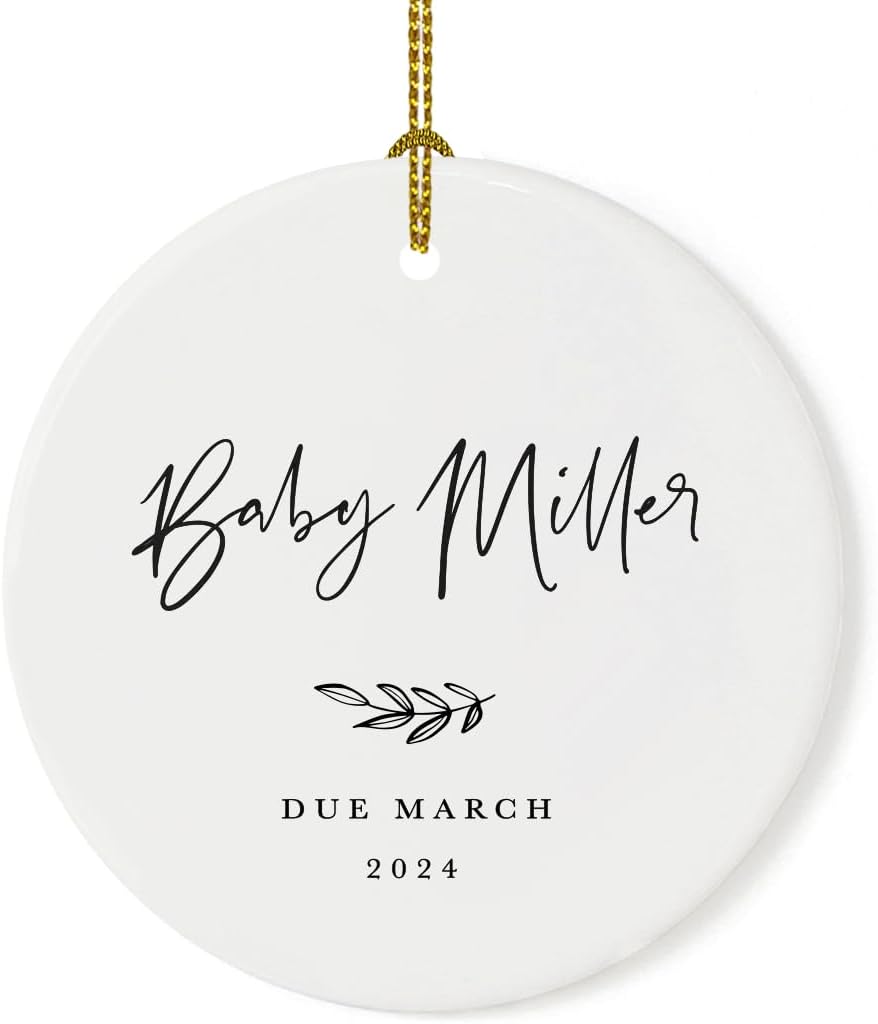 Andaz Press Personalized Round Ceramic Porcelain Christmas Tree Ornament Keepsake Collectible Gift for New Baby, Baby Miller Due March 2024, Antique Handdrawn, 1-Pack