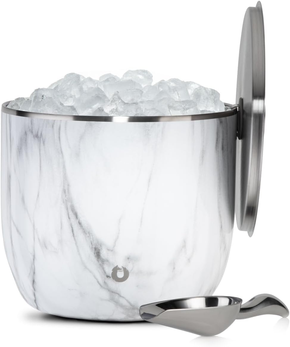 SNOWFOX XL Premium Vacuum Insulated Double Wall Stainless Steel Ice Bucket with Lid/Scoop, Bar Accessories, Large Elegant Party Bucket, Chills Several Bottles,Beautiful Entertaining Supplies,7L,Marble