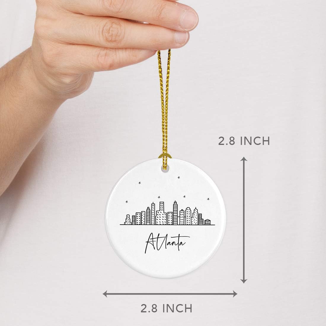 Andaz Press Round Ceramic Porcelain Christmas Tree Ornament Keepsake, Atlanta Black and White Stars City Skyline Graphic, 1-Pack, Birthday Gift Ideas for Family Coworker, Includes Gift Box
