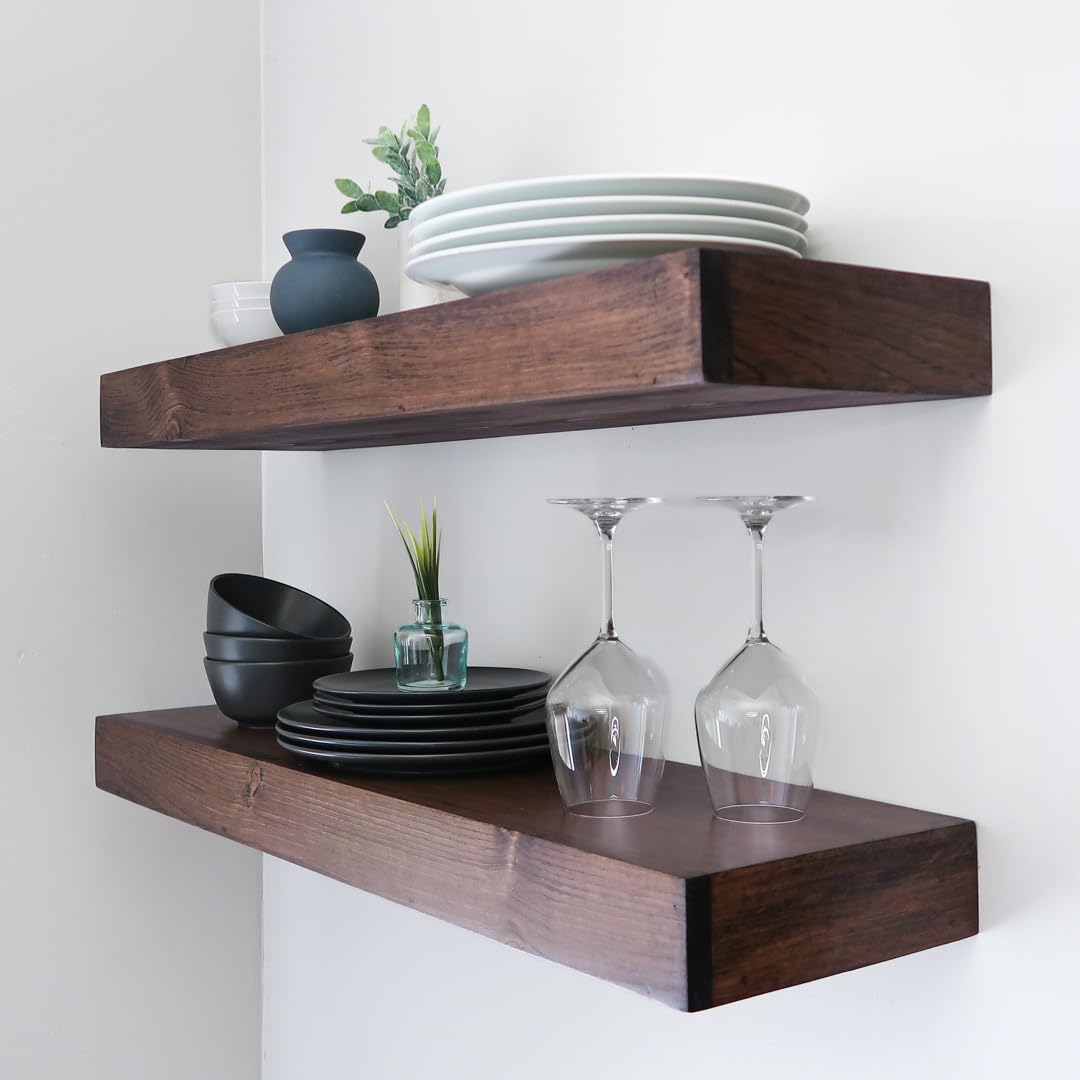 Modern Floating Shelves 3 Inches Thick for Wall, Wide Shelves for Kitchen, Living Room, Bedroom, and Bathroom, Natural Pine Wood, Rustic Wooden Shelf, (Set of 2) (Provincial, 60Lx3Hx8D)