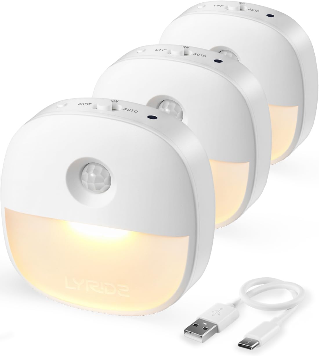 Lyridz Rechargeable Night Light, Motion Sensor Battery Nightlight, Mini Stick-on LED Closet Light, 1-20LM Dimmable Brightness for Bathroom, Bedroom, Kitchen, Washroom, Stairs, Hallway, 3-Pack