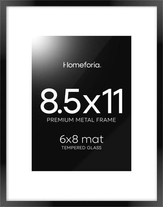 Homeforia Black Picture Frame 8.5 x 11, High End Metal 8.5x11 Poster Frames with Mat 6x8 Photo, 8.5 x 11 Frame Matted to 6 by 8 Art, 8.5by11 Wall or Tabletop Frames, Tempered Glass, Wall Kit, Set of 1